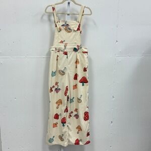Cider Mushroom Print Corduroy Overalls Beige Red Wide Leg Jumpsuit Med Novelty